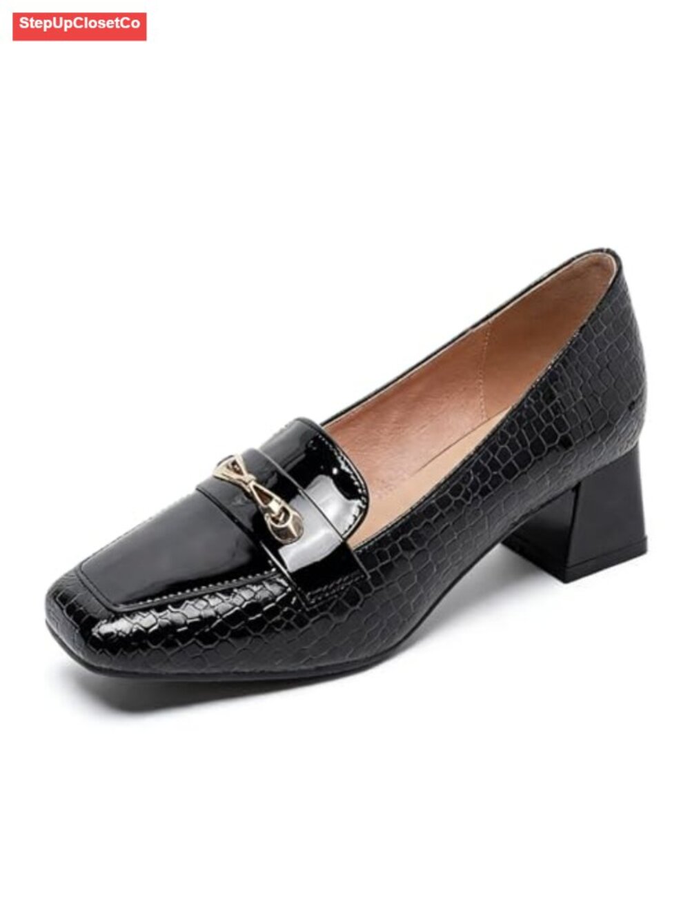 Women's Printed Block Heel Loafers with Metal Buckle Slip On Square Toe Faux